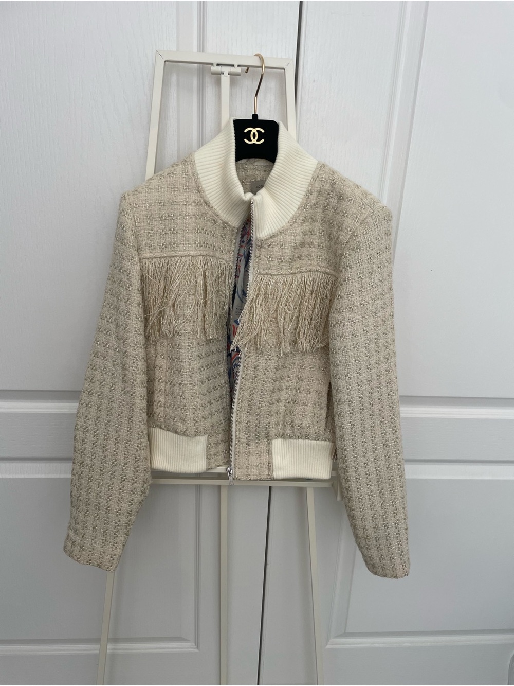 MOTHER Fringe-Trim Knit Bomber Jacket in Cream